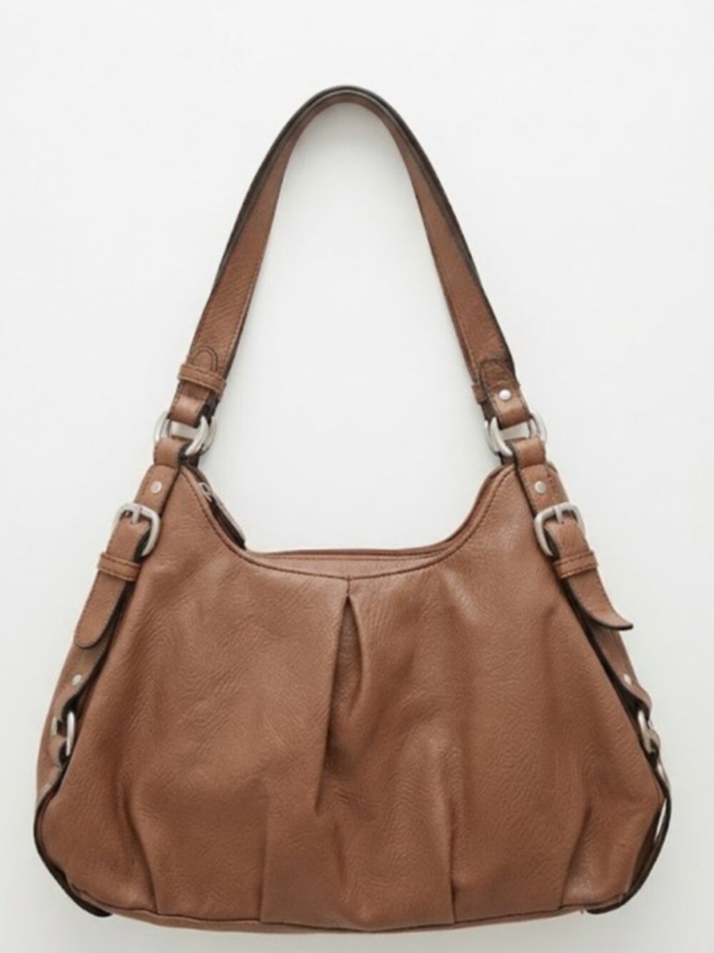 Soft Pebbled Brown Shoulder Bag with Silver Hardware